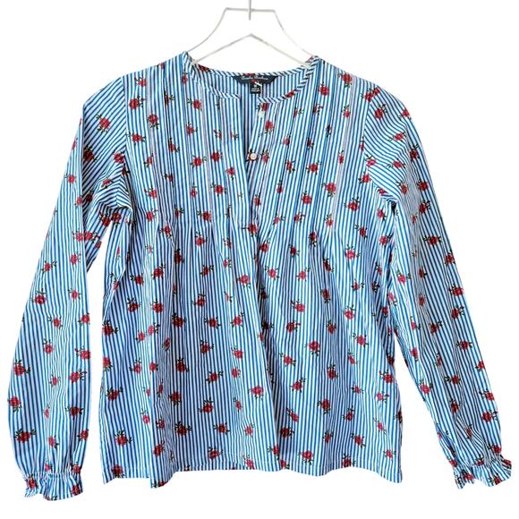 Brooks Brothers Red Fleece NEW Floral Striped Cotton Poplin Blouse Top Womens 16 - Picture 1 of 11